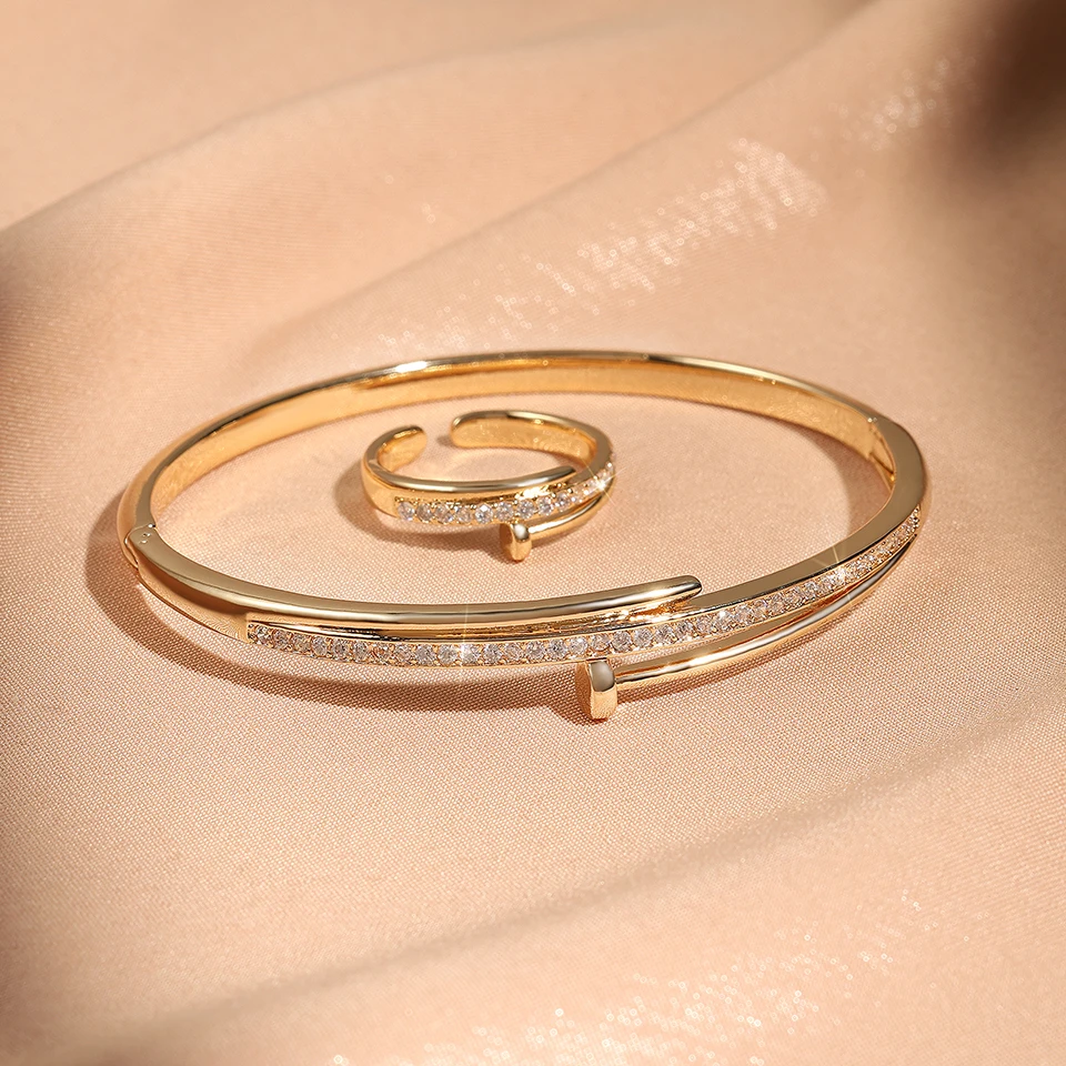 Fashion Multi-layer Arrow Cubic Zirconia Copper Bracelet Ring Set for Women Couples Gold/Silver Holiday Gift Party Daily Jewelry