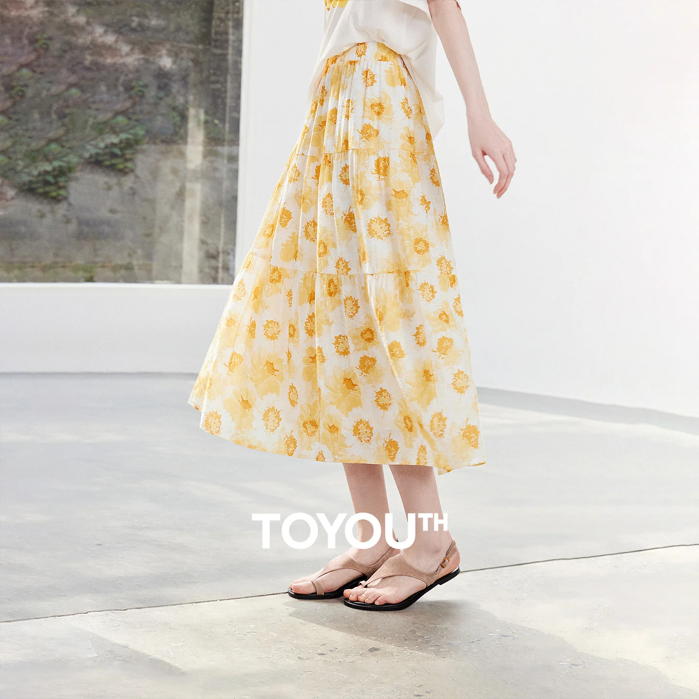 Jupe trapèze fluide TOYOUTH pour femme, collection Houhou, style peinture à l'huile, motif floral orange et jaune, nouvelle collection été 2026, idéale pour les vacances