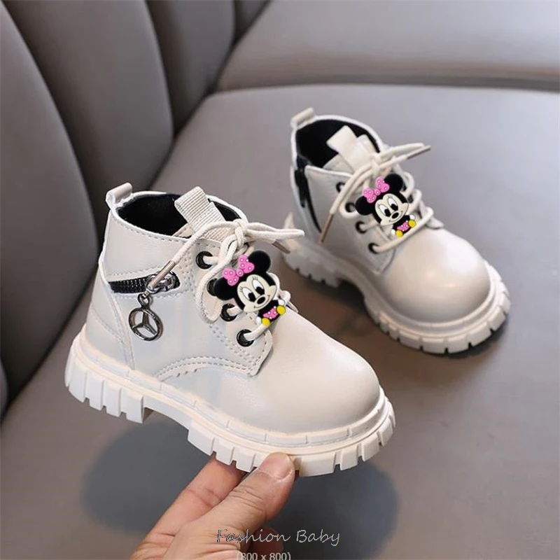 Mickey Minnie Children\'s Fashion Boots for Boys Short Boots New Girls Leather Ankle Boots Kids Yellow Black Fashion Sneakers