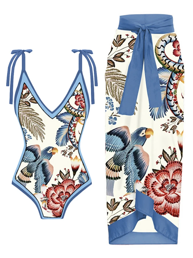 

Vintage Colorblock 2023 Women's Swimwear Floral Print One-Piece Swimsuit and Cover Up Sexy Bathing Suits Sling Style Tankini