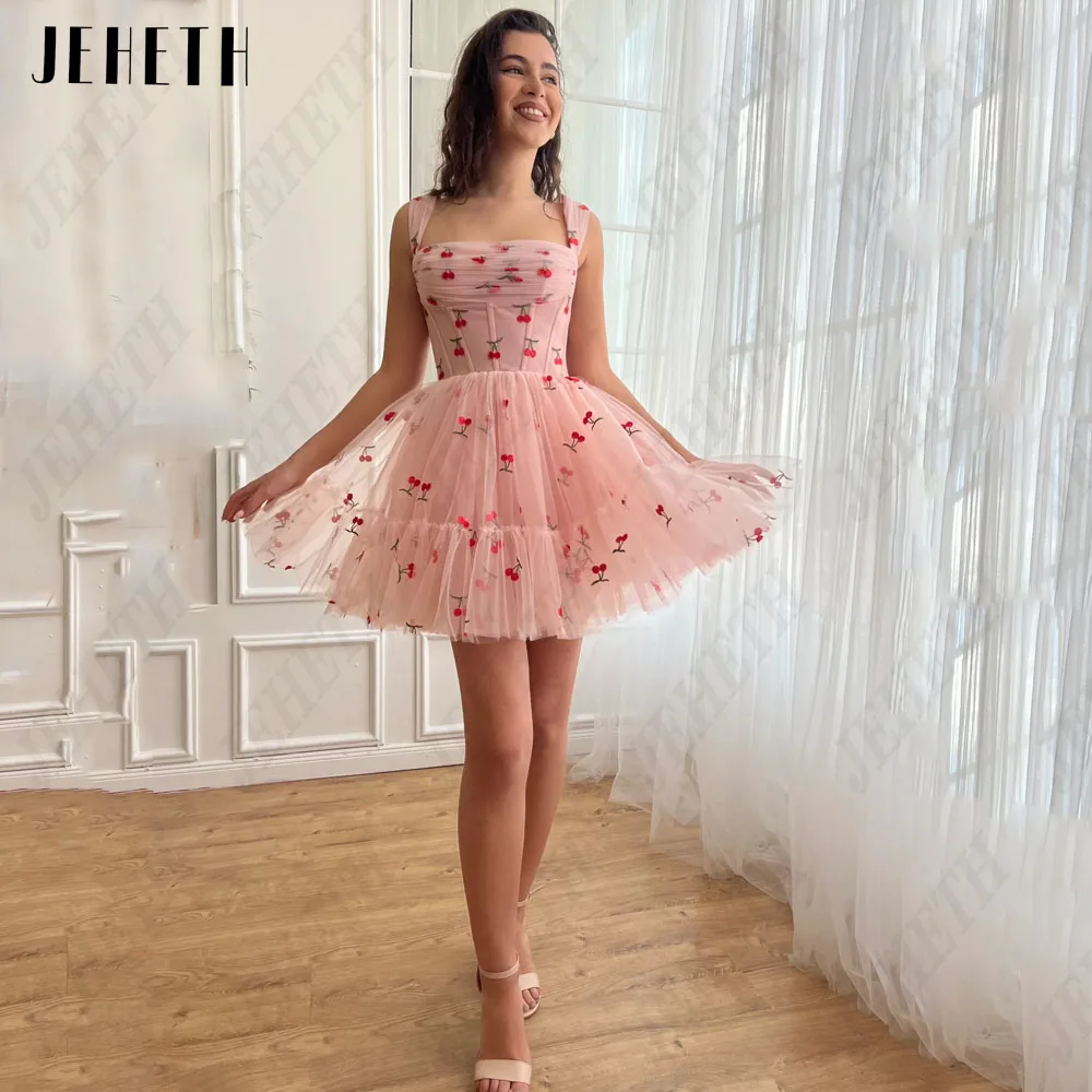 

JEHETH Mini Flowers Prom Dress Pink Spaghetti Straps A-Line Lace Up Party Gowns Above Knee Sleeveless Formal Occasion Dresses