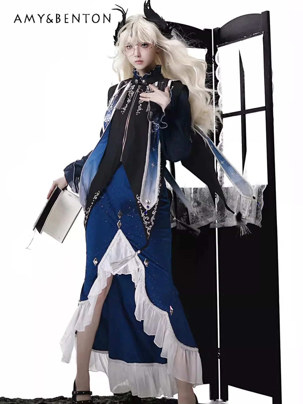 Gothic Court Style Elegant Lolita Dark Cartoon Embroidery Mermaid Skirt Shawl Sets Autumn Subculture Anime Cosplay Costume Women