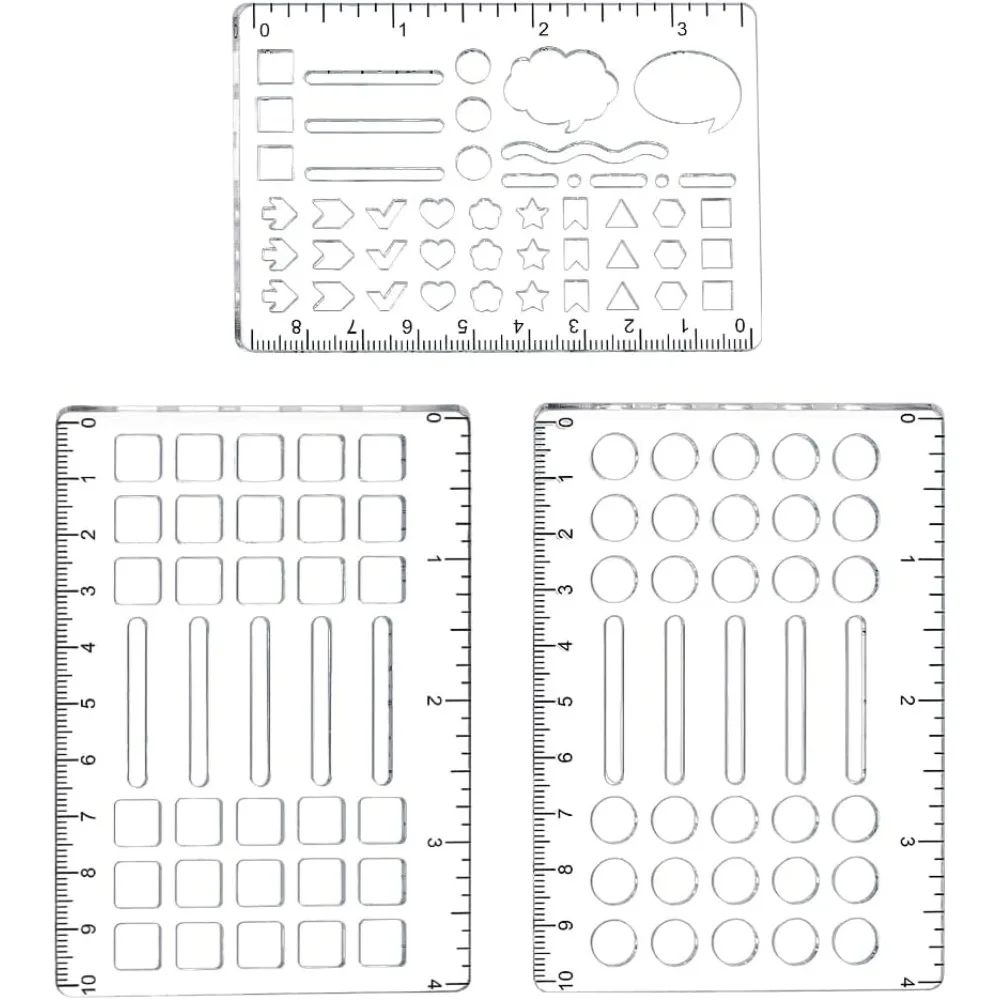 

3Pcs Journal Stencils Templates Acrylic Hollow Out Drawing Painting Square Grid Round Dot Reusable Stencils for Journal Notebook