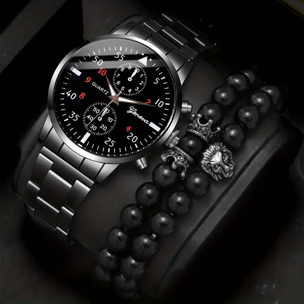 New Men's Fashion Business Steel Strap Scale Dial Quartz Watch + Crown Beaded Bracelet