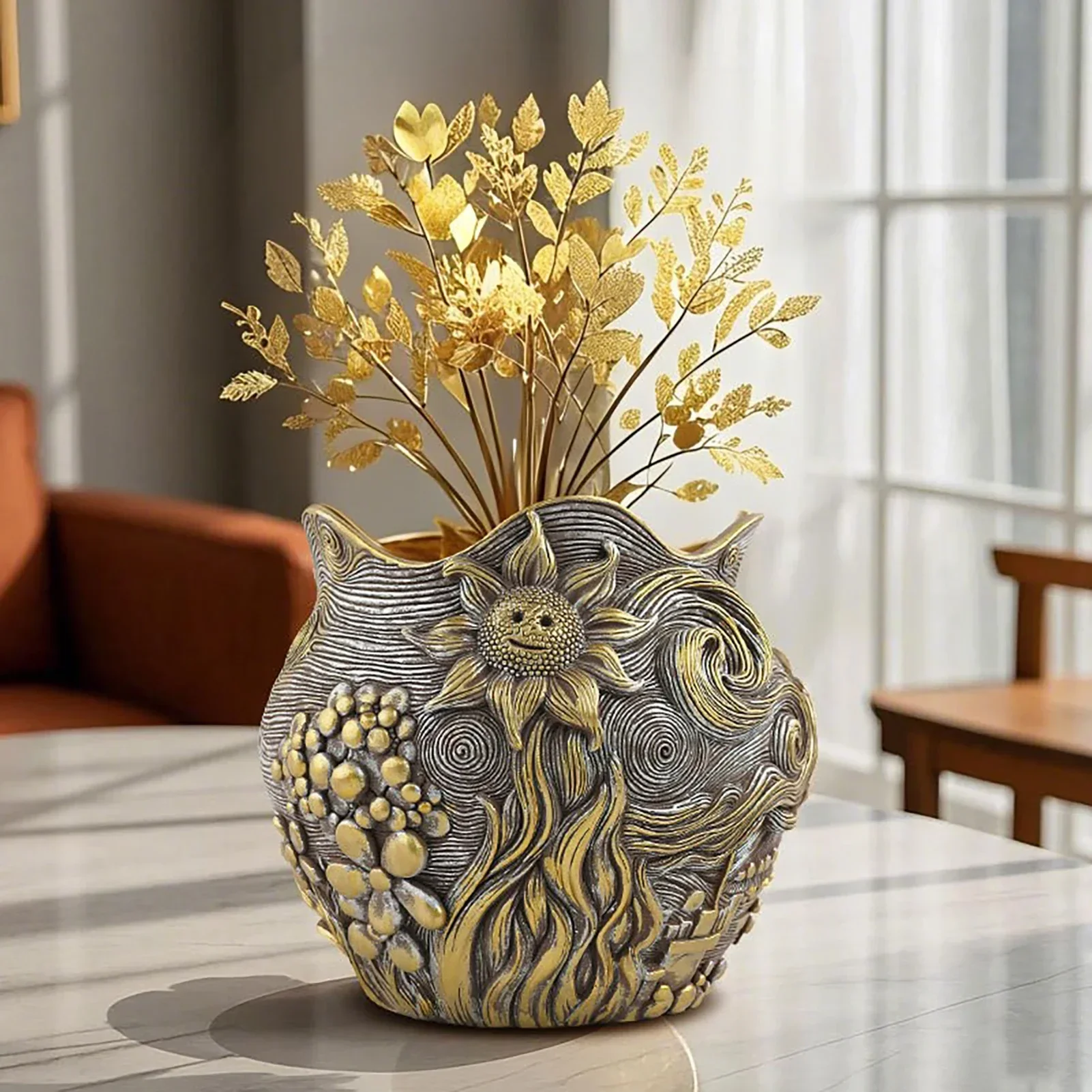 Artistic Sunflower-Themed Resin Flower Pot, Golden Luxury Decorative Planter with Drainage Hole for Small Plants & Home Ornament