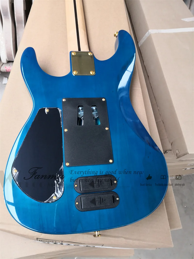 Blue Electric Guitar PC-1 Body Squilted Maple Veneer Maple Fingerboard Tremolo Bridge SSH Pickups Active Battery Gold Tuners