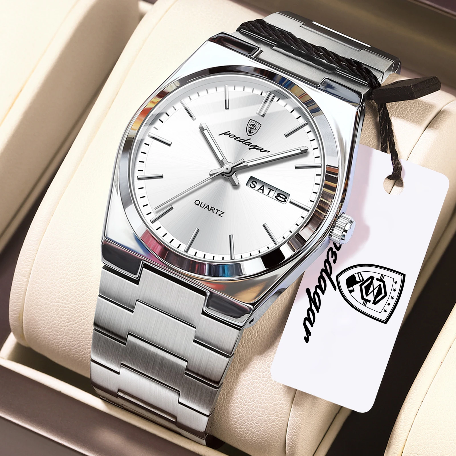 POEDAGAR Business Men Wristwatch Waterproof Stainless Steel Luminous Man Watch Date Week Fashion Quartz Men's Watches Male Reloj