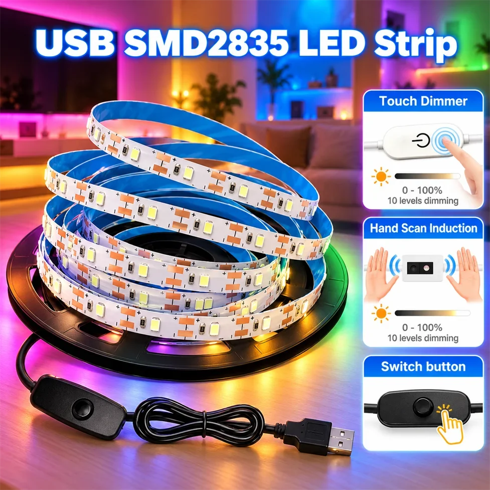5V USB SMD2835 LED Strip Dimming Touch Switch/Hand Scan Switch/Button SwitchBack for TV Backlight Staircase Home Decor Lighting