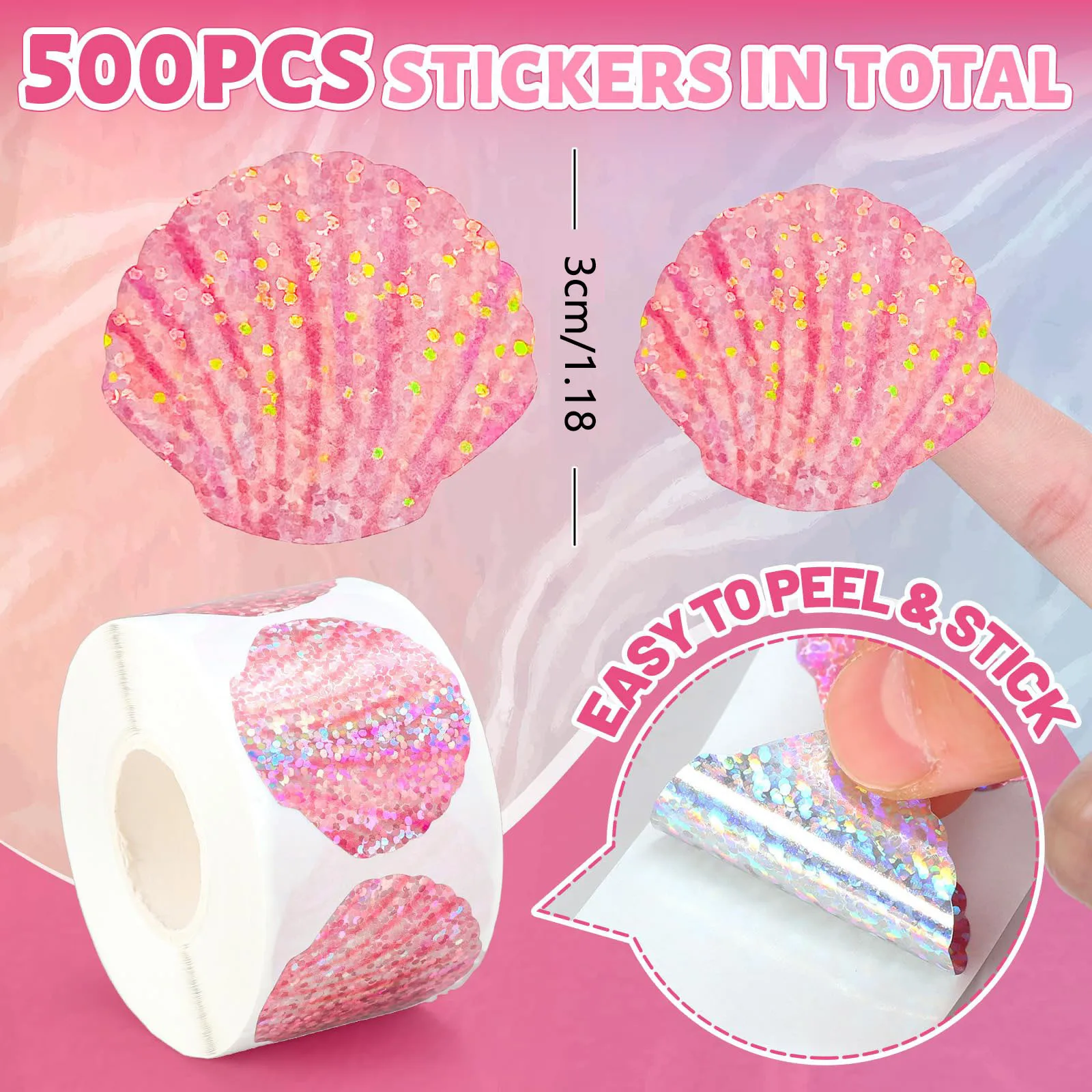500 Pcs Summer Seashell Stickers Roll Holographic Seal Stickers Glitter Pink Sea Shell Sparkly Self-Adhesive Decals for Birthday view 2