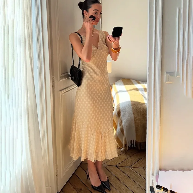 

Tuularose Polka Dot Ruffle Dress Elegant Mesh Vintage Polka Dot V-Neck Vest Dress Sleeveless Contrast Casual Summer Women Dress