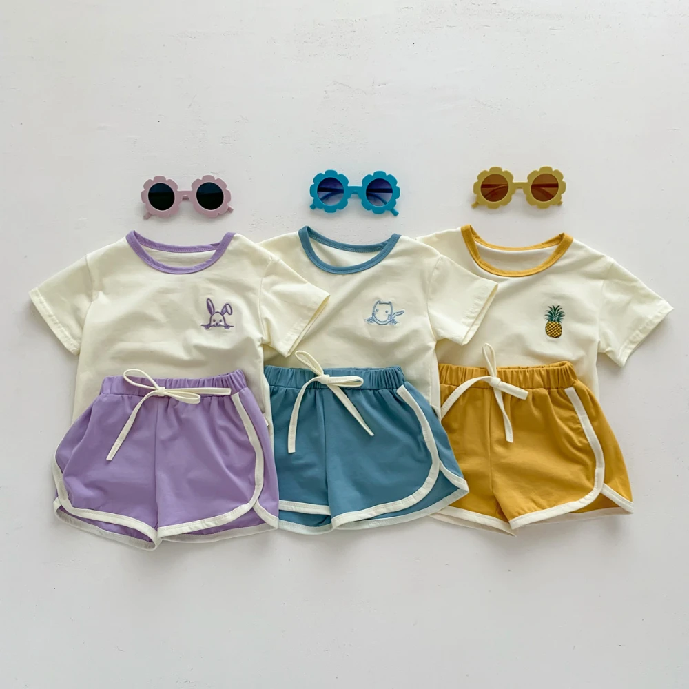 Summer Casual Baby Girl Tracksuits Embroidery Short Sleeve T-shirt Shorts Suits 2pcs Toddler Clothes Boys Girls Outfits