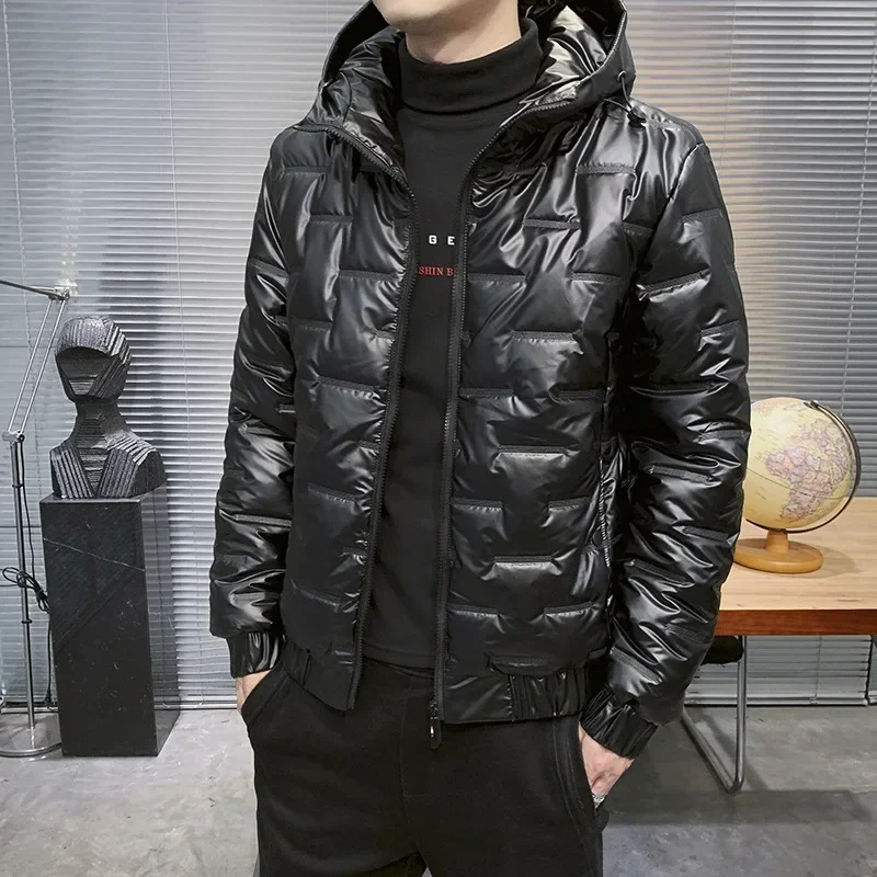 

Men's Warm Clothings Winter Hooded Parkas Men Windbreaker Fashion Thermal Coats Mens Thick Warm Glossy Black Jackets Outwear