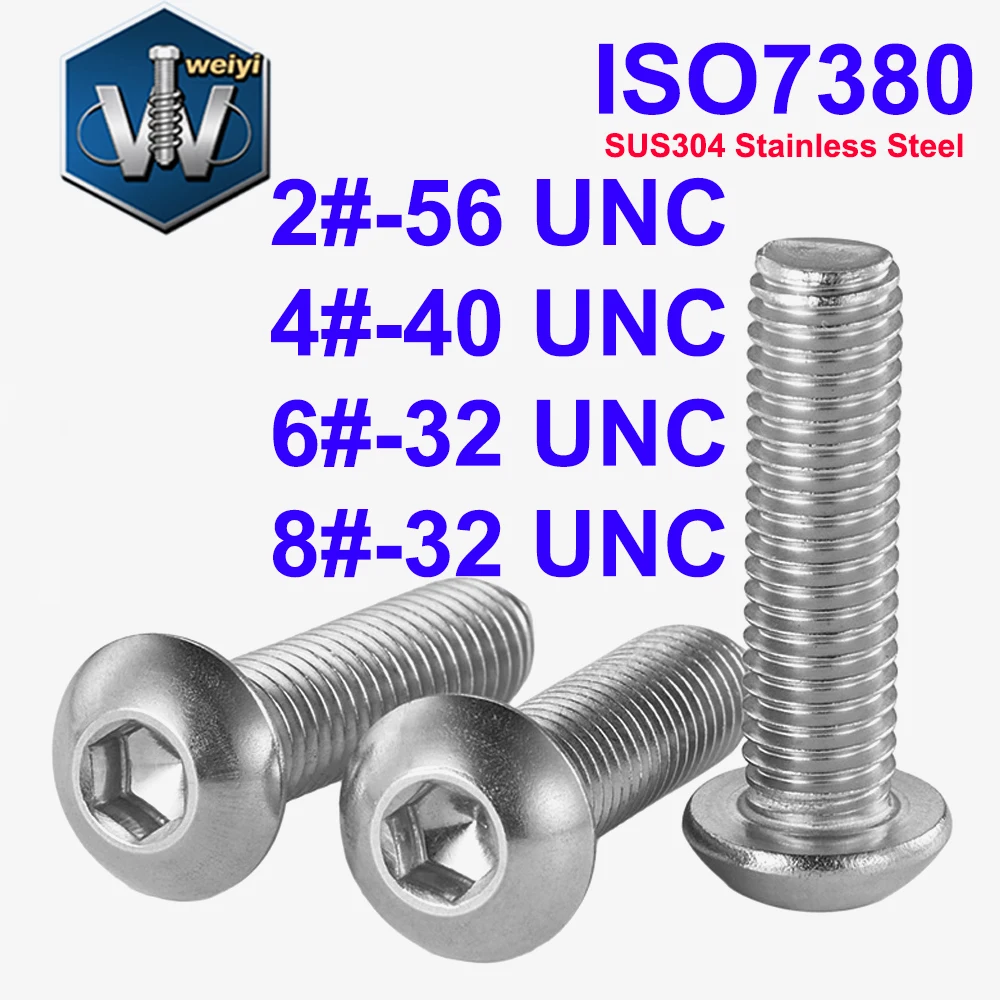 

Weiyi ISO7380 Allen Key Bolts 2#-56 4#-40 6#-32 8#-32 UNC SUS304 A2 Stainless Steel Hex Socket Button Round Head Screws