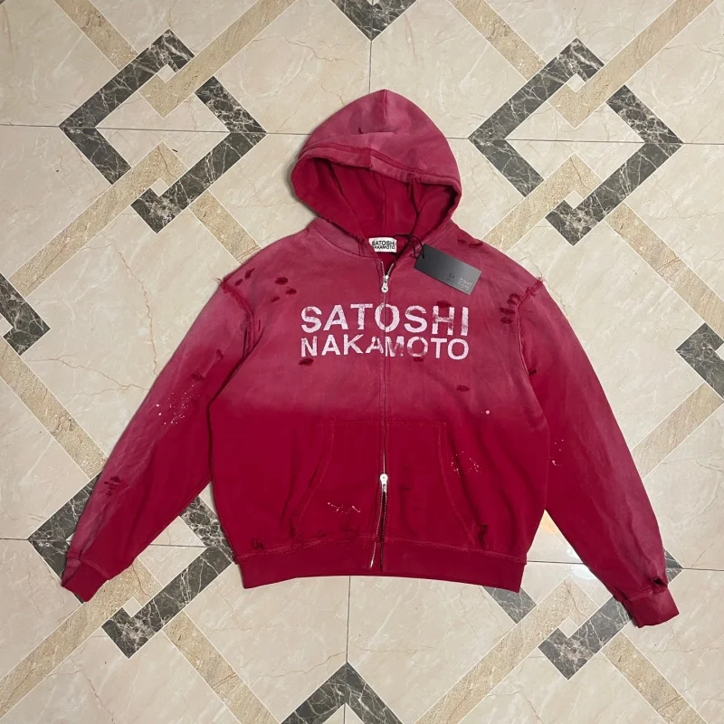 Men Satoshi Nakamoto Zip Up Hoodie Red Gradient Washed Destroyed Holes