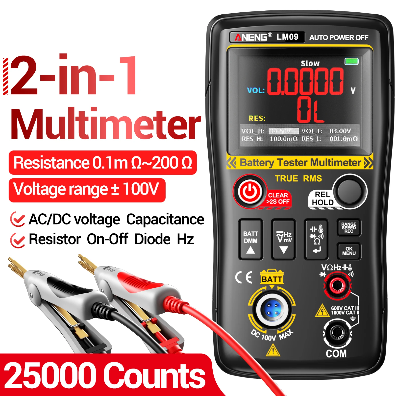 

ANENG LM09 Battery Tester Multimeter 2 IN 1 True RMS AC/DC Voltage Capacitance Resistance Temperature 25000 Counts Detector Tool