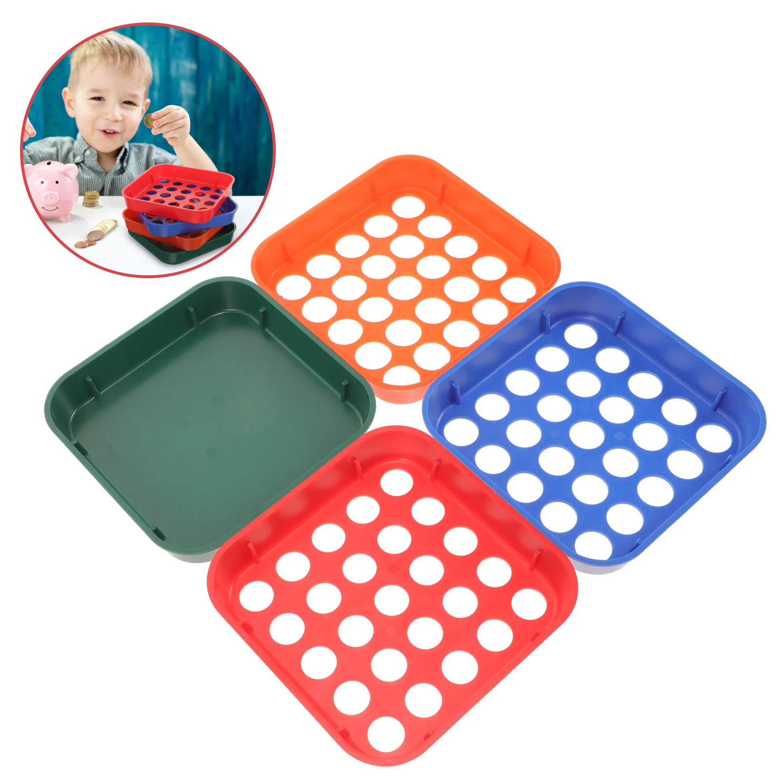4Pcs Color-Coded Coin Sorting Trays Reusable Plastic Organizer Stackable Design for Easy Storage and Transport Use
