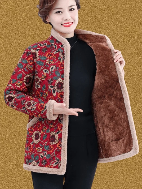 Women's Fleece Lined Thickened Cotton Jacket Loose Fit Warm Coat Floral Patterned Autumn Winter Wear for Middle Aged And Elderly