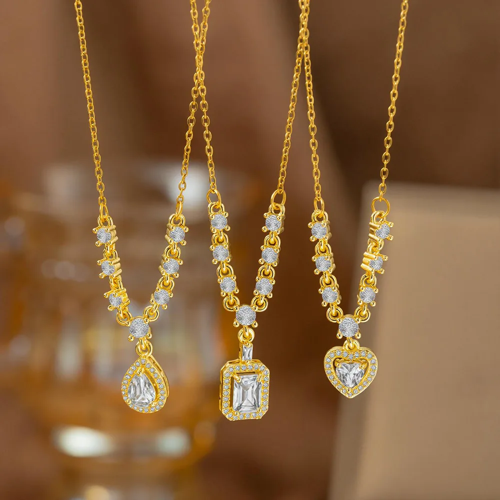 

Light Luxury Zircon Heart & Water Drop Stainless Steel Necklace, Minimalist High Grade Clavicle Chain Jewelry