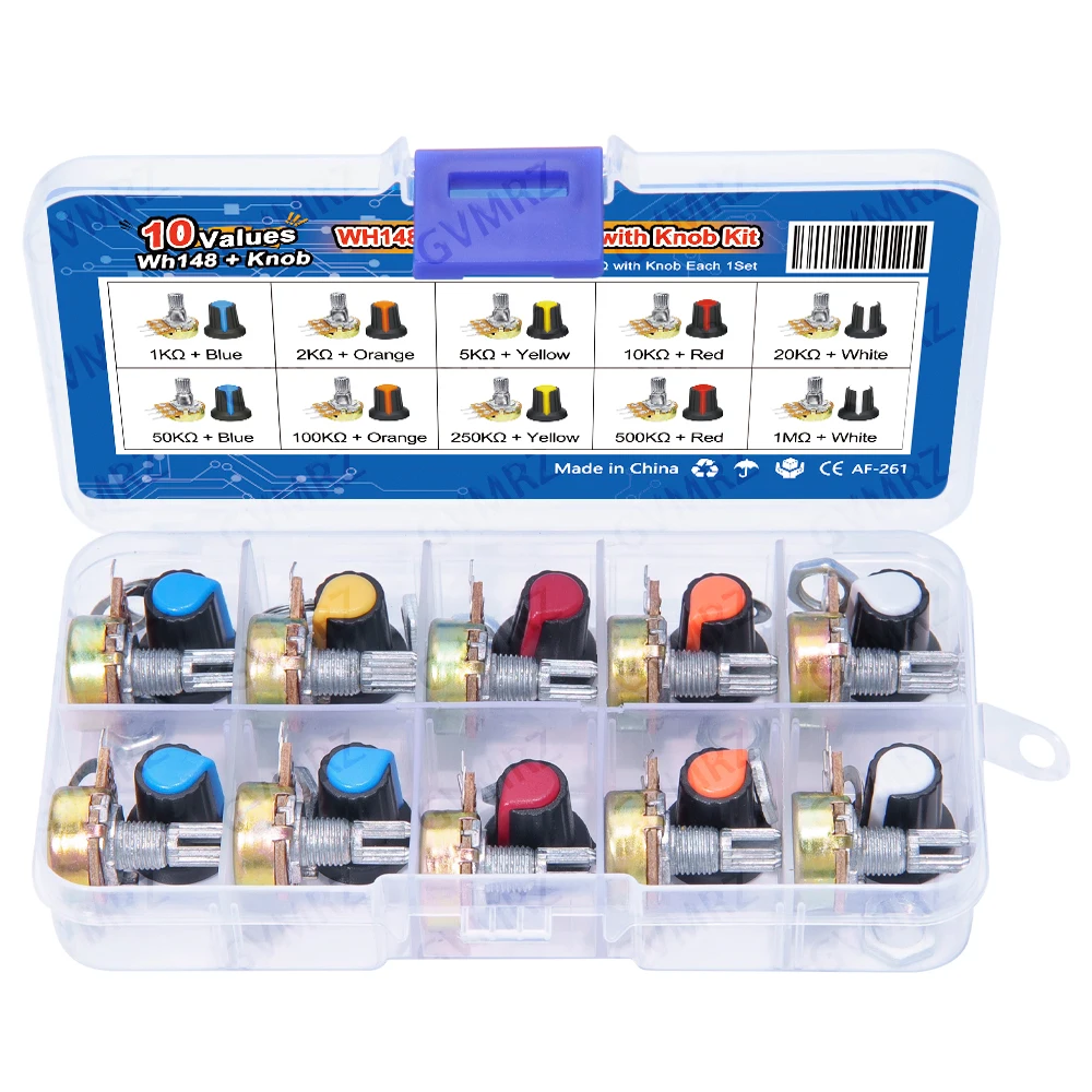 10Values WH148 Potentiometer Kit 15mm 3PIN with Knobs for Audio Equipment & DIY Circuit Adjustment 3P 15MM