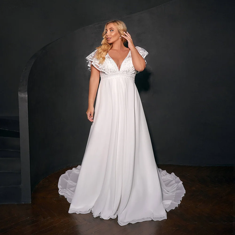 Sexy Deep V-neck Plus Size Wedding Gown Empire Waist Bridal Gown Sleeves Chiffon Beach Bride Dress Customized Robe de Mariee