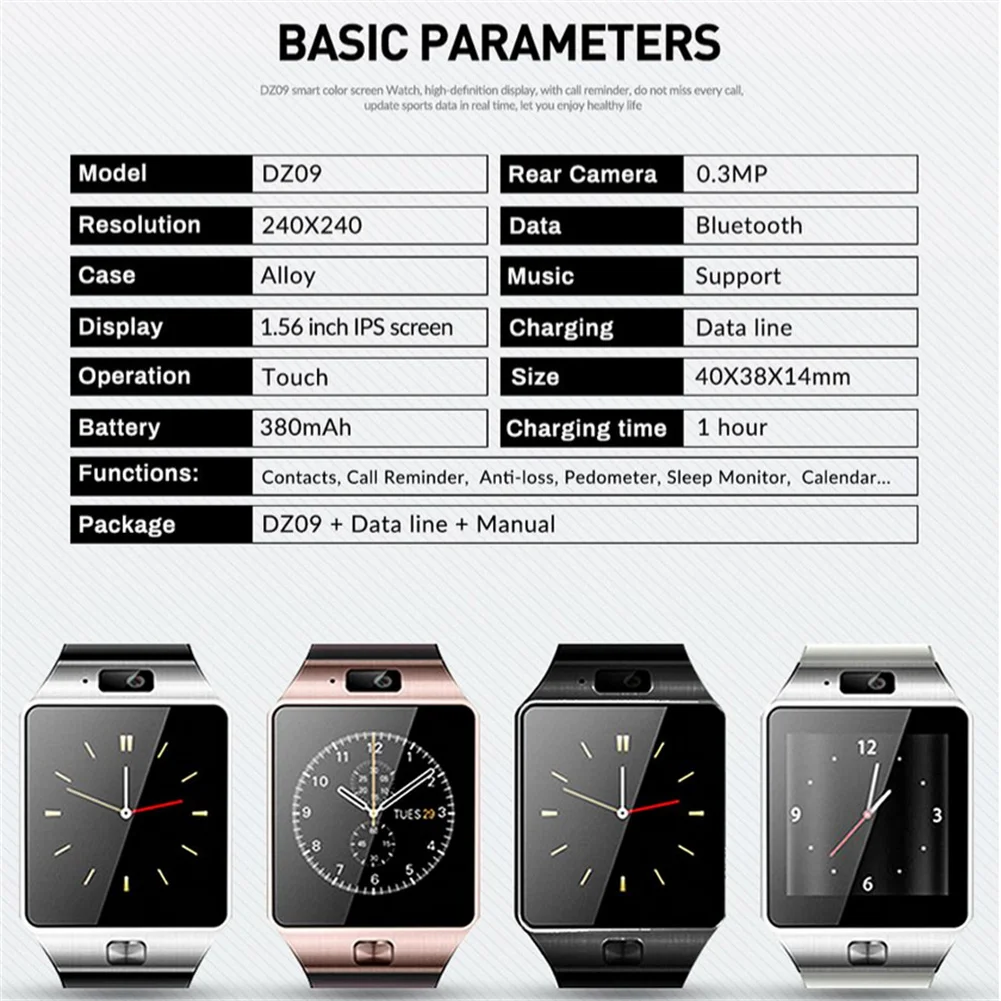 DZ09 reloj inteligente con Monitor de sueño, dispositivo con pantalla HD a Color de 1,56 pulgadas, batería de larga duración