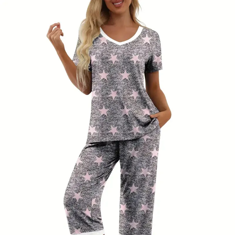 

Женский серый топ с v-образным вырезом и брюки с короткими рукавами, повседневный комплект из двух предметов для дома/пижамы, повседневный пижамный комплект со звездным принтом.