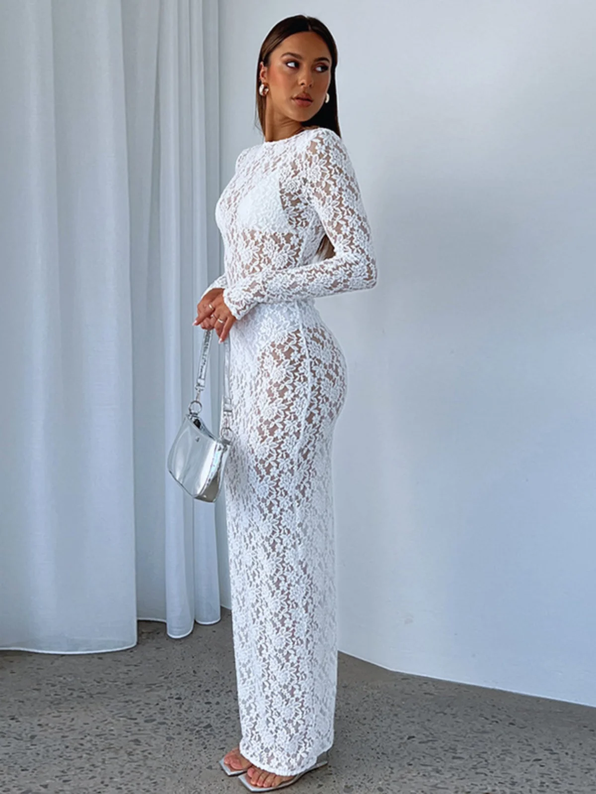 Dentelle transparente ajourée longue Sve Dr Slim Fit tentant taille haute longue Dr européen Sle Polyester Spandex