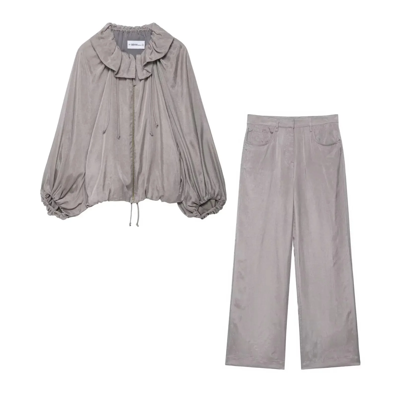 

HH Summer Women Slim Long Sleeve Zipper Lapel Drawstring Pilot Jacket+Pockets Pants Satin Texture Solid Elegant 2-Piece Set