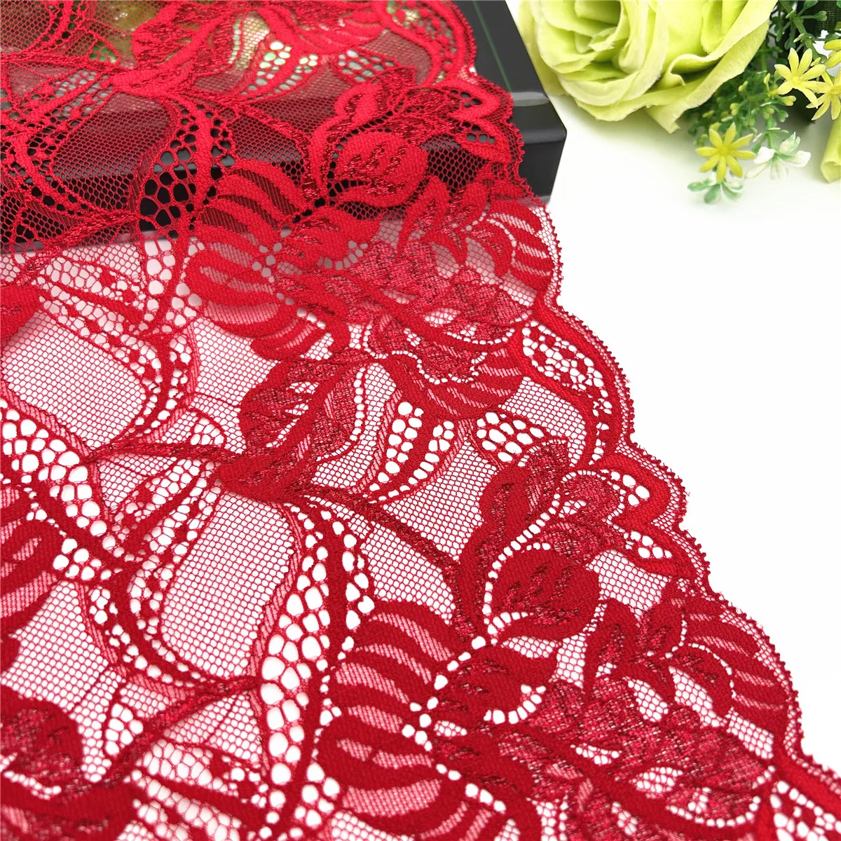 3y/lot Width 23cm Red Shiny Wedding Elastic Stretch Lace Trim Skirt Hem For Clothing Accessories Lingerie Dress Sewing Lace