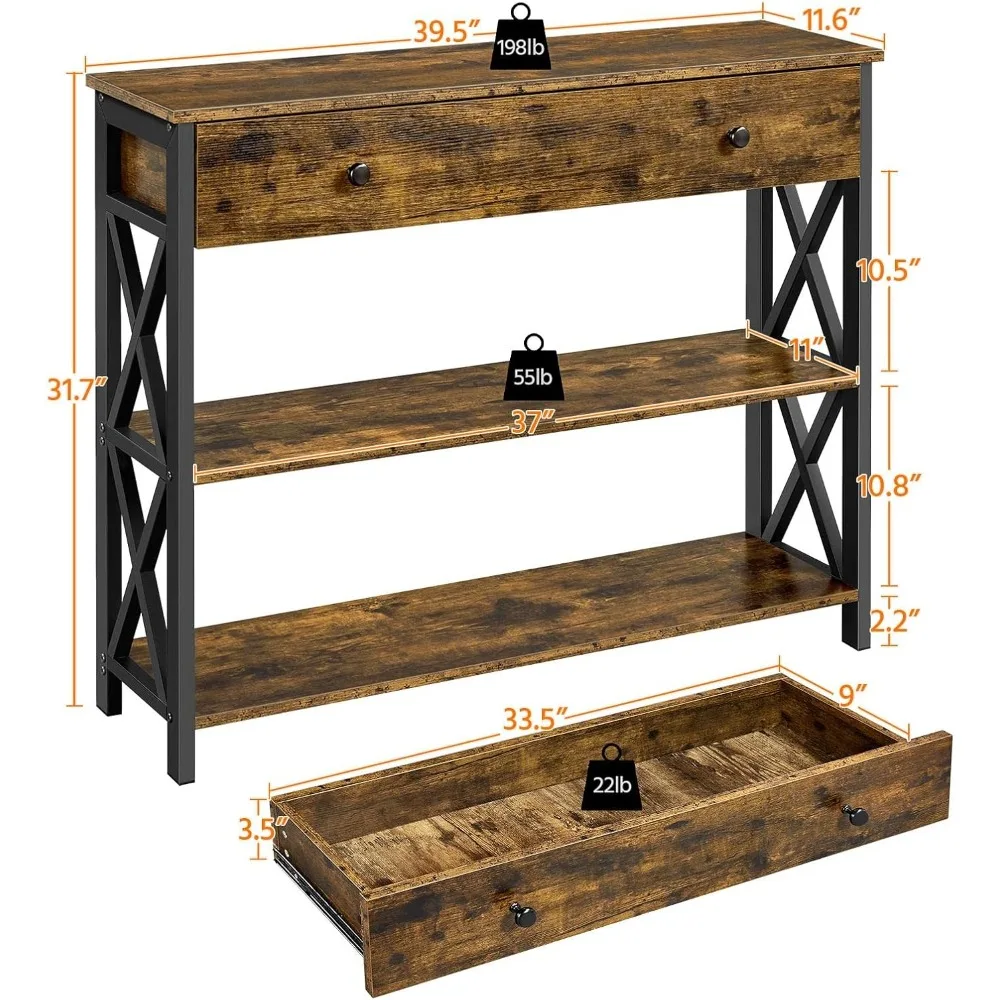 طاولة كونسول بنية ريفية مع درج، أرفف تخزين من 3 طبقات للمدخل، غرفة المعيشة، المدخل #3