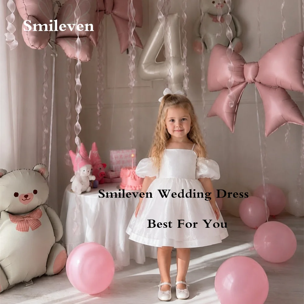 Smileven White Satin Spaghetti Strap Flower Girl Dresses Puff Short Sleeve A‑Line Communion Dress Kids Party Gowns Customized