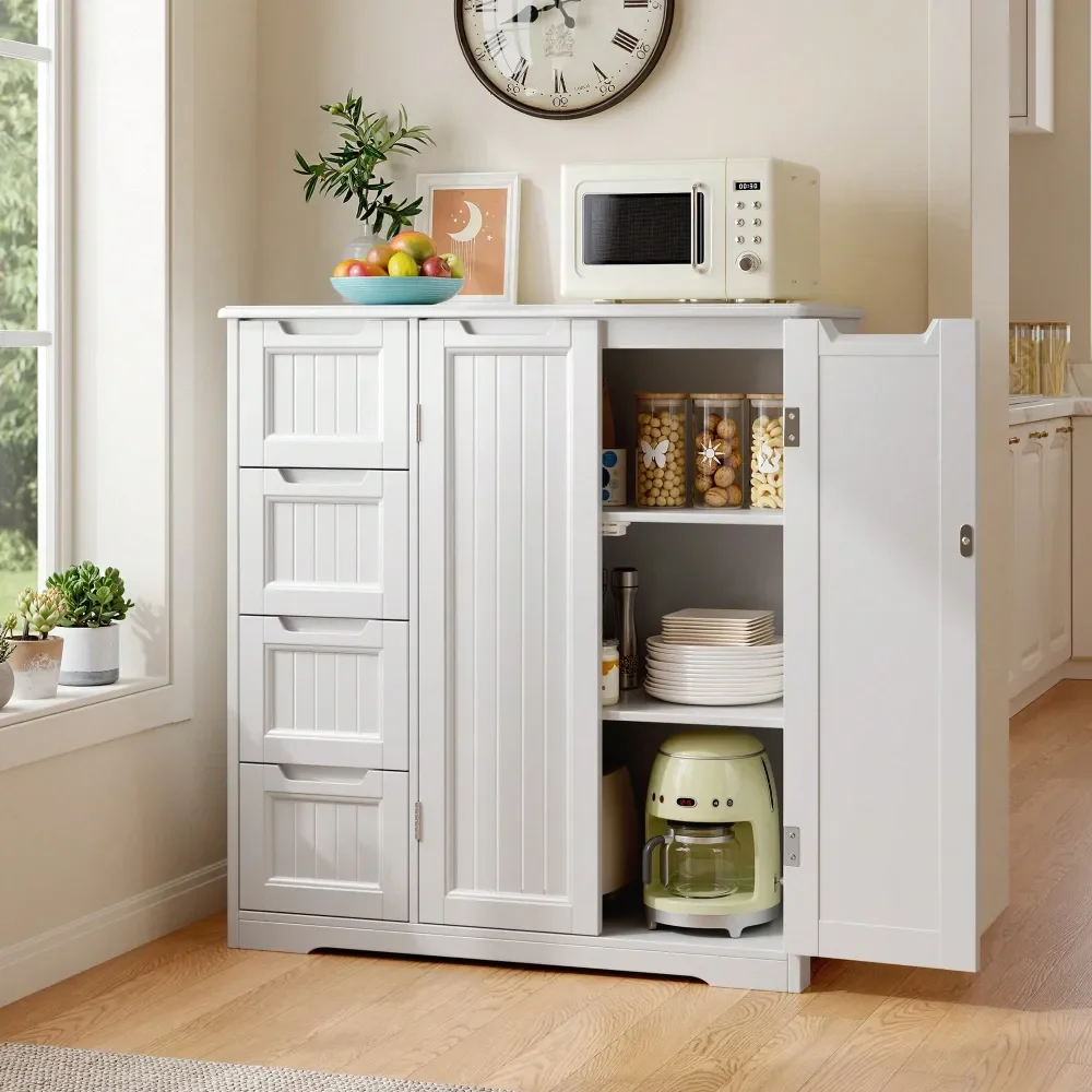 

Storage Cabinet With 4 Drawers And 3 Partitions, Double Door Freestanding Wooden Dressing Table With AntiTip Fixtures For Kitch