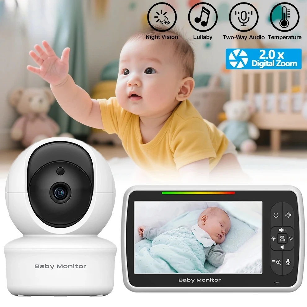 Video Baby Monitoring 5inch PTZ 2X Zoom Surveillance Camera 2-Way Audio Intercom Temperature Sensor Lullaby VOX Baby Monitors