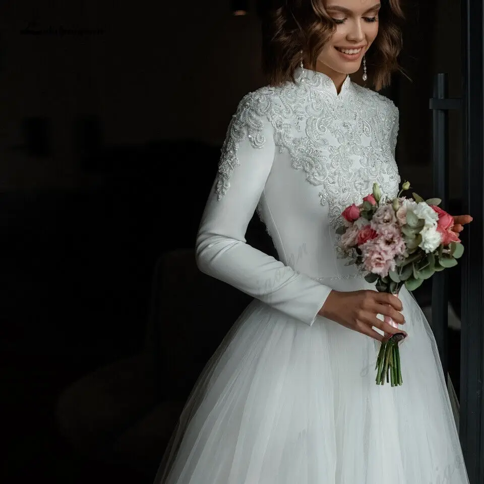 Muslim Wedding Dresses High Neckline Long Sleeve Lace Appliques Beaded A Line Bridal Gown