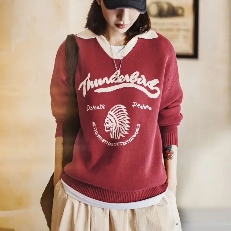 Maden Women's Red Jacquard Knit Sweater Winter Thick Warm V Neck Loose Pullover Vintage Colorblock Cozy Layering Top
