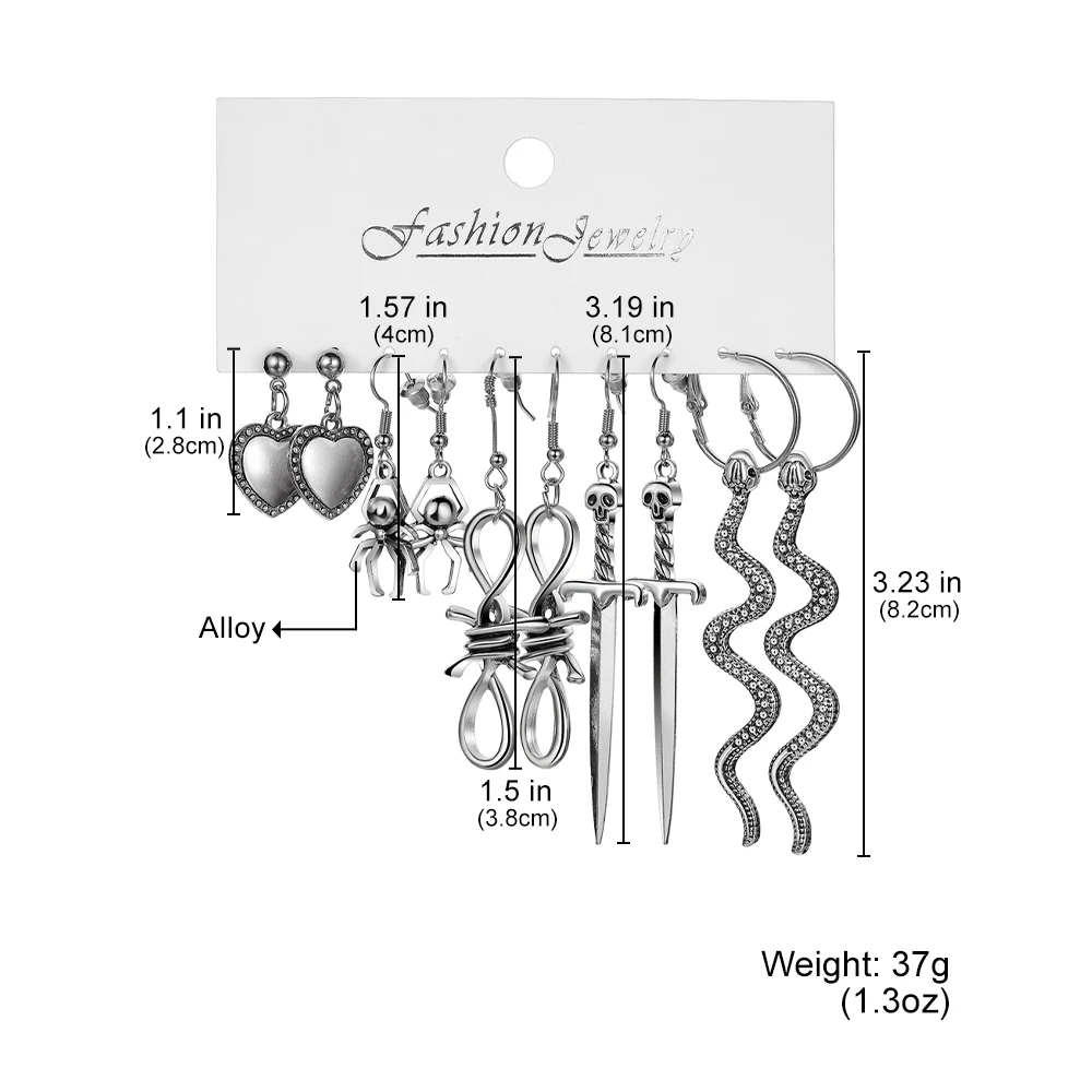 18 sztuk/zestaw Punk Gothic zestaw kolczyków dla kobiet posrebrzane kolczyki Vintage wąż motyl grzyb kolczyk moda czarna biżuteria