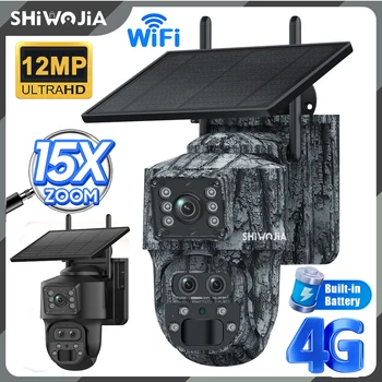 SHIWOJIA 12MP 15X Zoom 4G Sim Dual Screen Solar Camera WIFI Outdoor 4K Three Lens Auto Security Protection Auto Tracking Cameras
