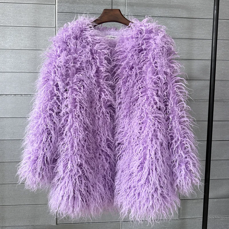 Winter Faux Fur Coat Long Women Korean Fashion Candy Color Long Sleeve Fluffy Faux Shaggy Sheepskin Coat Artificial Fur Jacket