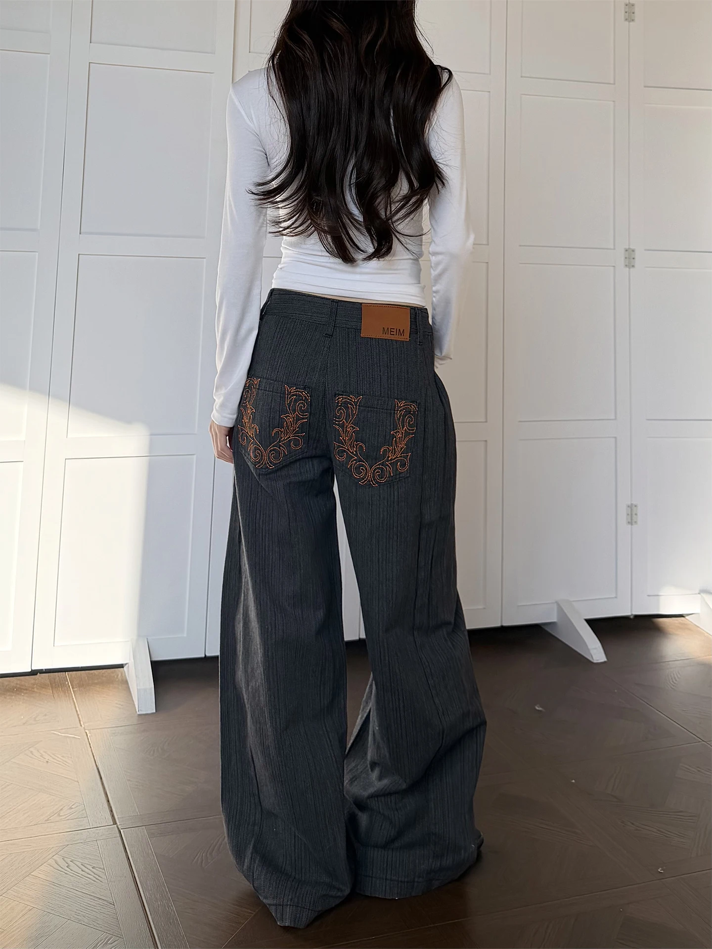 

Don Cry Embroidered Knife Wide Leg Jeans Men's Retro American Sle Flared Long Trousers Casual Cotton Polyester Denim