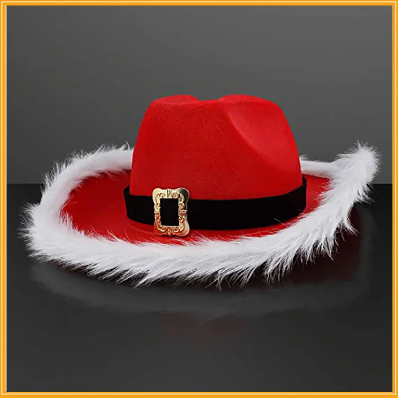 Christmas Party Cowboy Feather Hat Faux Fur Trimmed Non Glow Red Santa Hat Western Carnival Hat