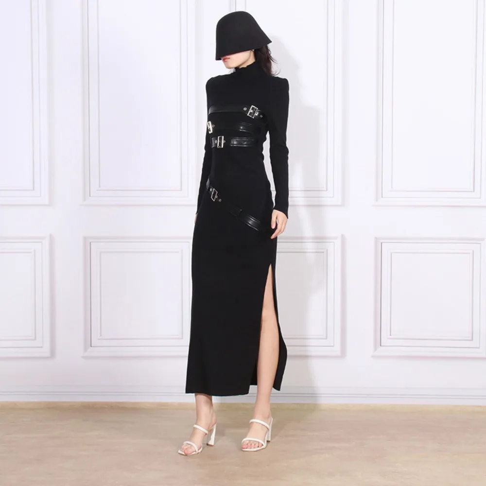 여성용 스플라이싱 벨트 스플릿 A 라인 드레스, 스탠드 칼라, 긴팔, 하이웨이스트, 슬리밍 원피스, 여성 패션, 용수철 가을 신상