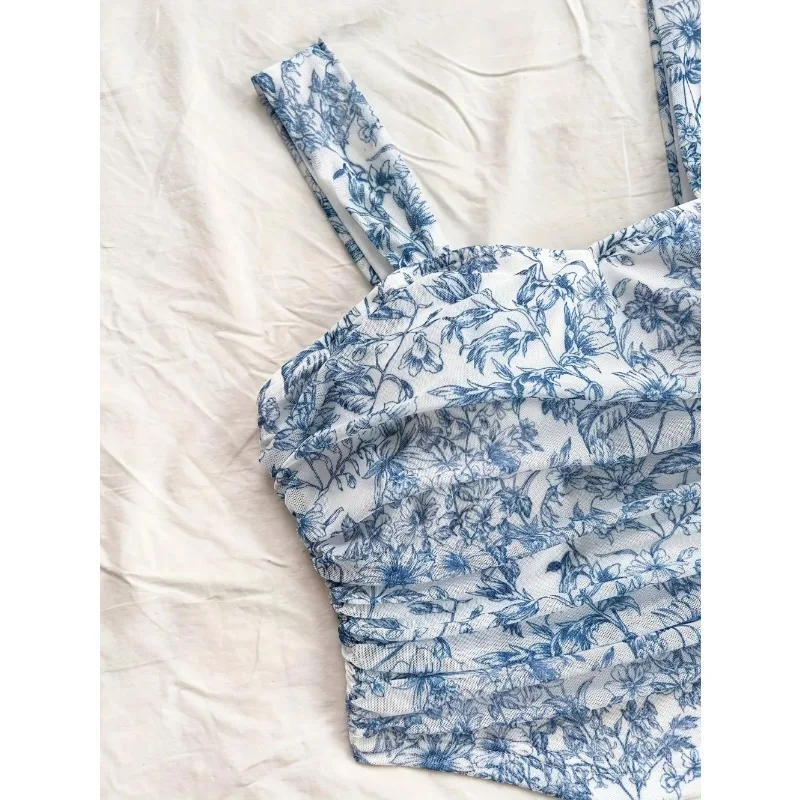 ฤดูร้อนผู้หญิงชุดว่ายน้ําบิกินี่ 2 ชิ้นแฟชั่นSuspenderพิมพ์Tie Up Hollow Out Slit Beach Holidayชุดว่ายน้ําสําหรับหญิง