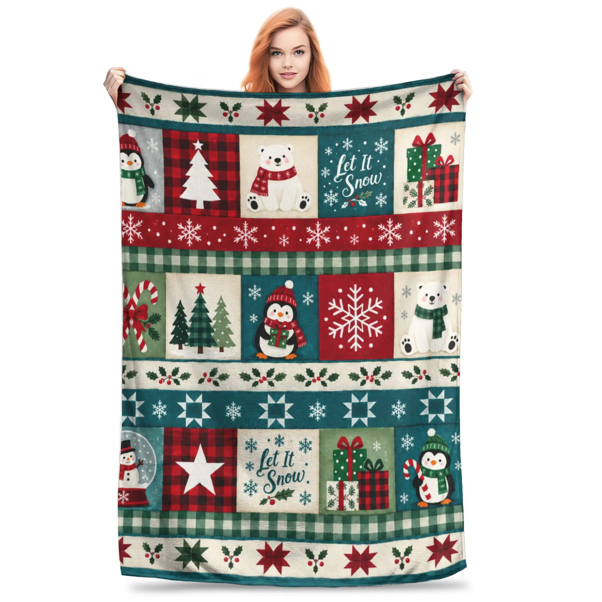 1PC Quilt Close-Up Christmas Theme Santa Claus Snowman And Elk Patterns Winter Blankets Adults Bedding Home Interior Sofa Knee