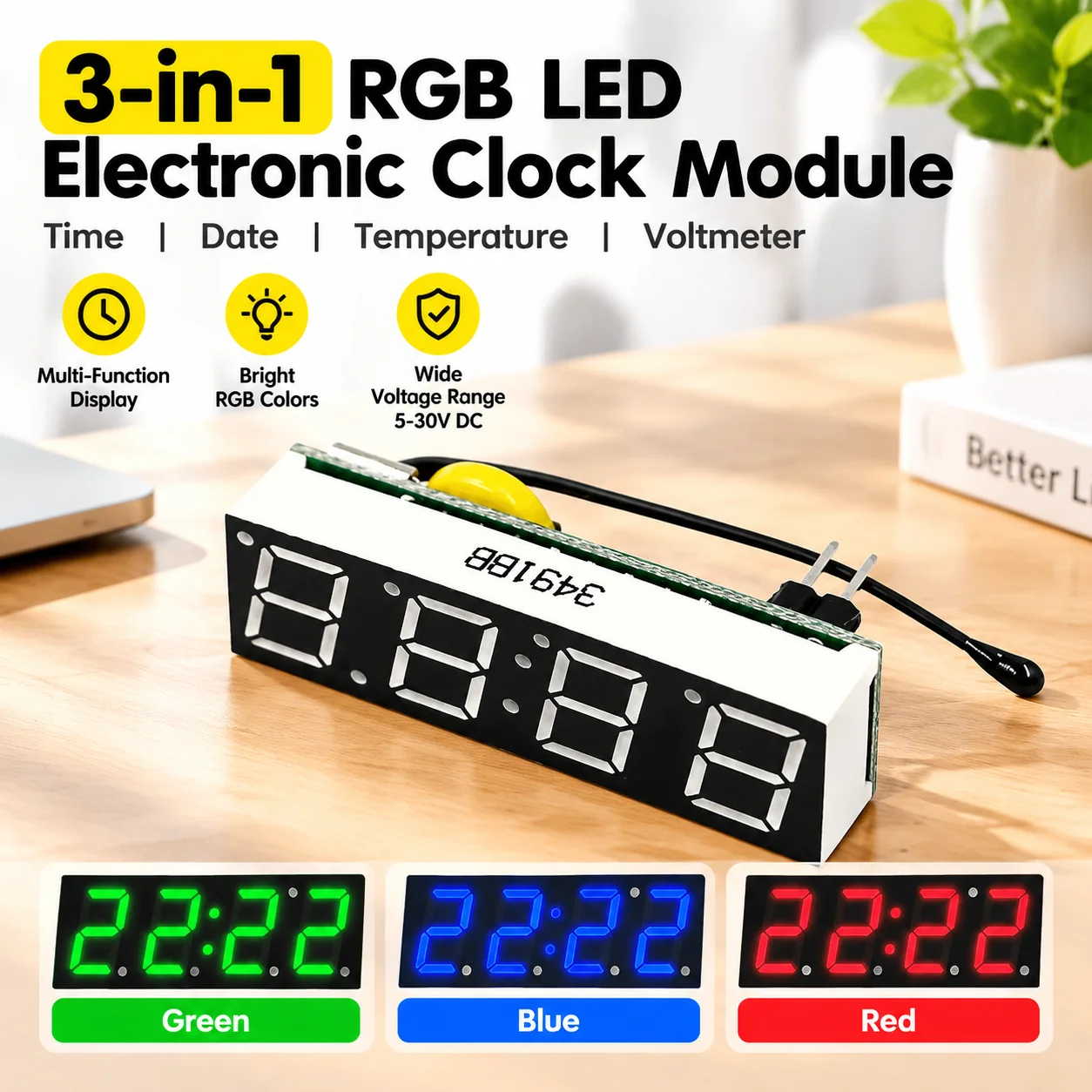 3-in-1 RGB LED Electronic Clock Module DS3231 RX8025T DS1302 Time Date Temperature Voltmeter 5-30V DC