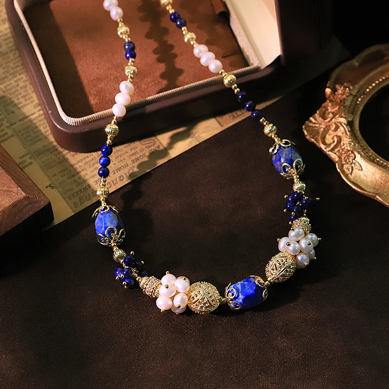 

Natural Freshwater Pearl Lapis Lazuli Necklace Handmade Fashion Necklace for Banquet Wedding Women's Jewelry GN0622