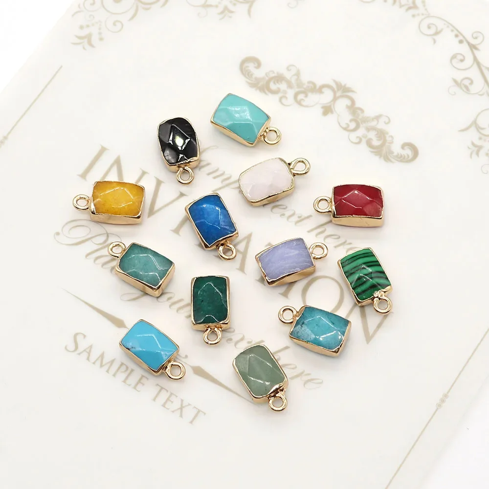 1pcs 8x15mm Rectangular Pendant Natural Semi-precious Stone Zinc Alloy DIY Necklace Earrings Jewelry Accessories Multi-colored