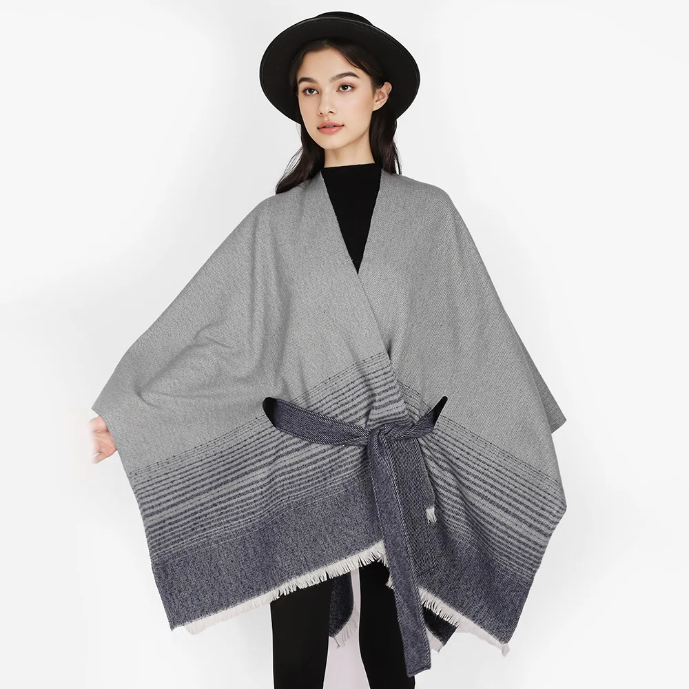 

Spring and Autumn minimalist new shawl with women's thickened shawl and high-end cape waist belt striped shawl double-sided P1