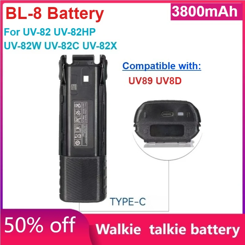 

UV-82 Walkie Talkie Battery 3800mah Type-C Charge Rechargable For Baofeng UV-82HP UV-82W UV-82C UV-82X UV89 UV8D Radio Accessory