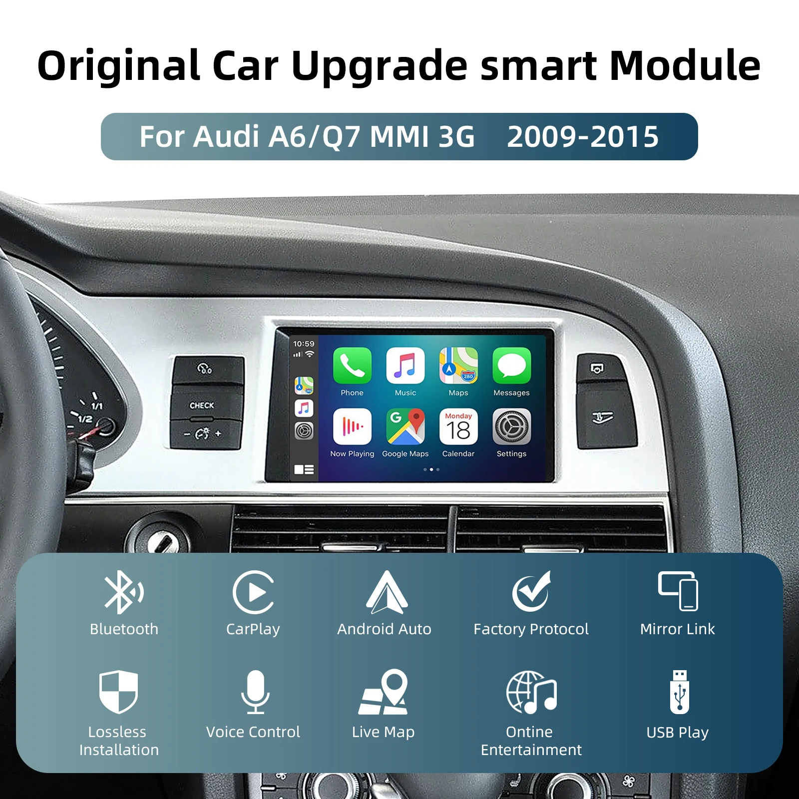 صندوق فك ترقية شاشة OEM لشاشة Audi A6 Audi Q7 2009-2015، شاشة 6.5 بوصة/7 بوصة، MMI 3G مع مجموعة CarPlay وAndroid Auto Retrofit Kit