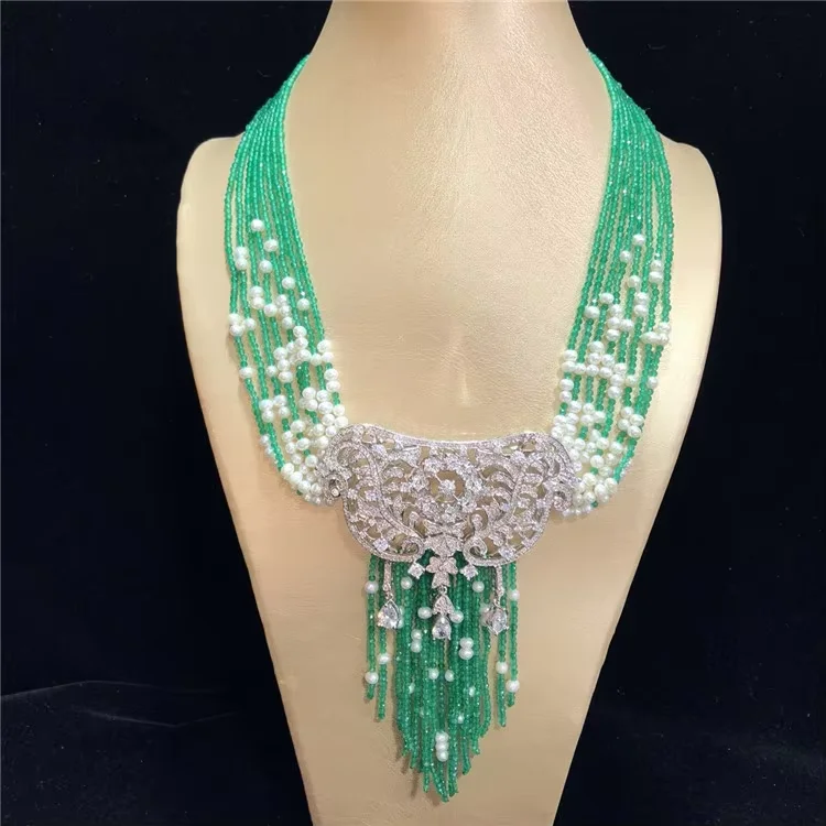 20'' 9 Strands Faceted Green agate Freshwater Cultured White Pearl Necklace CZ Pendant